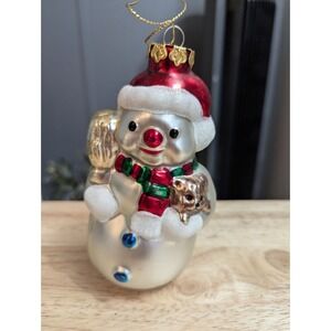 Blown‎ Glass Snowman ornament w/ scarf silver tones 5 11/2 in hanging unbranded